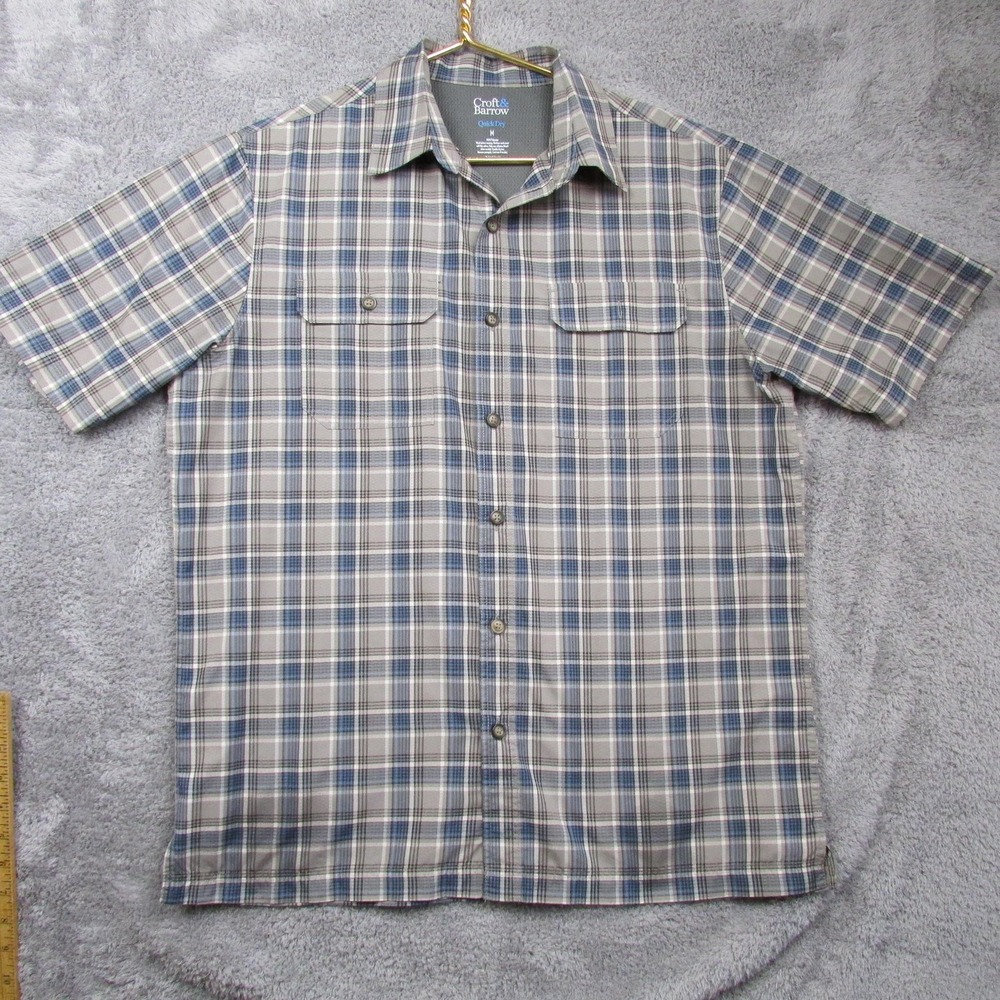 Croft & Barrow Shirt Mens Medium Gray Plaid Short Sleeve Quick Dry Button Front
